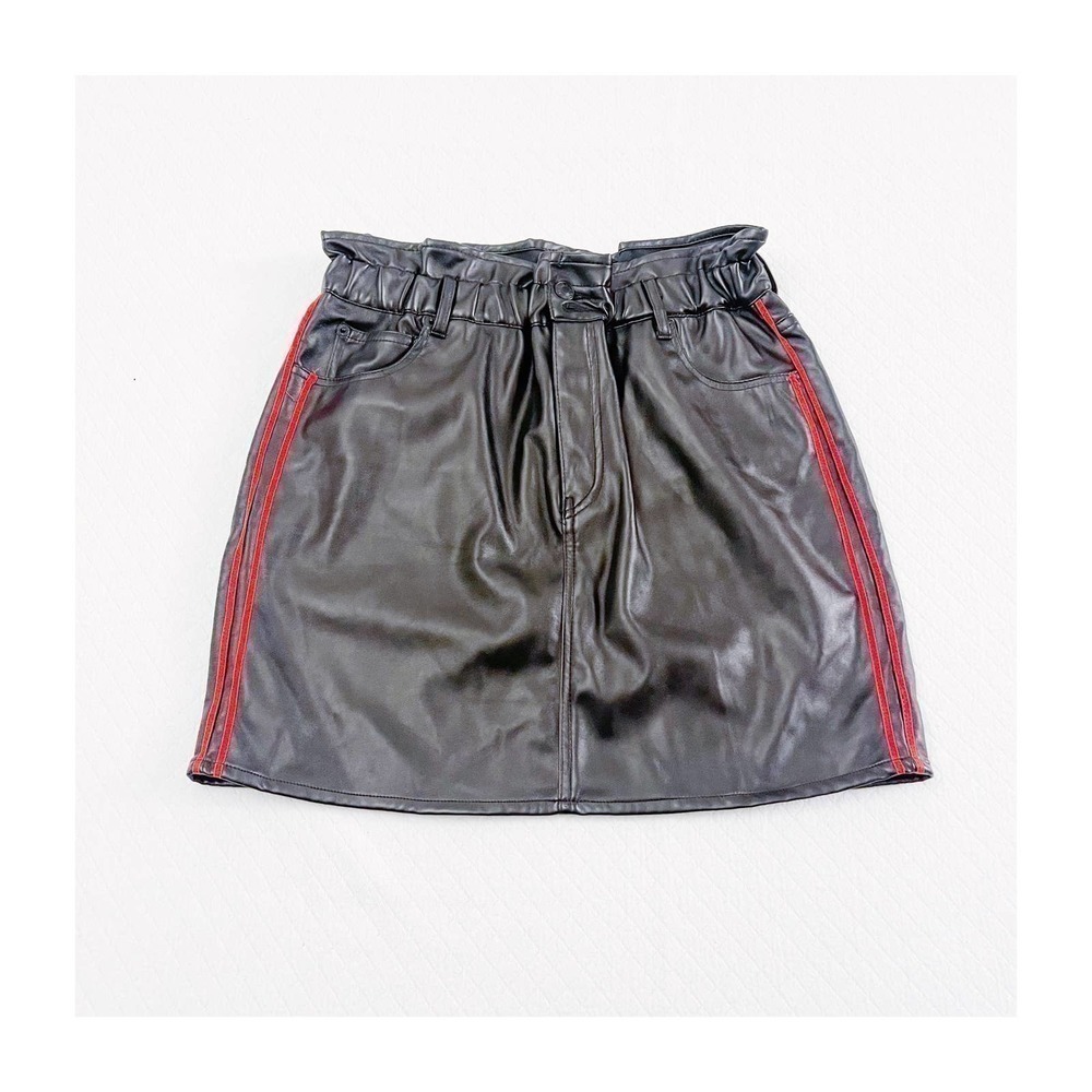 Sunset + Spring Black Faux Leather Skirt Side Stripe SZ L NWT